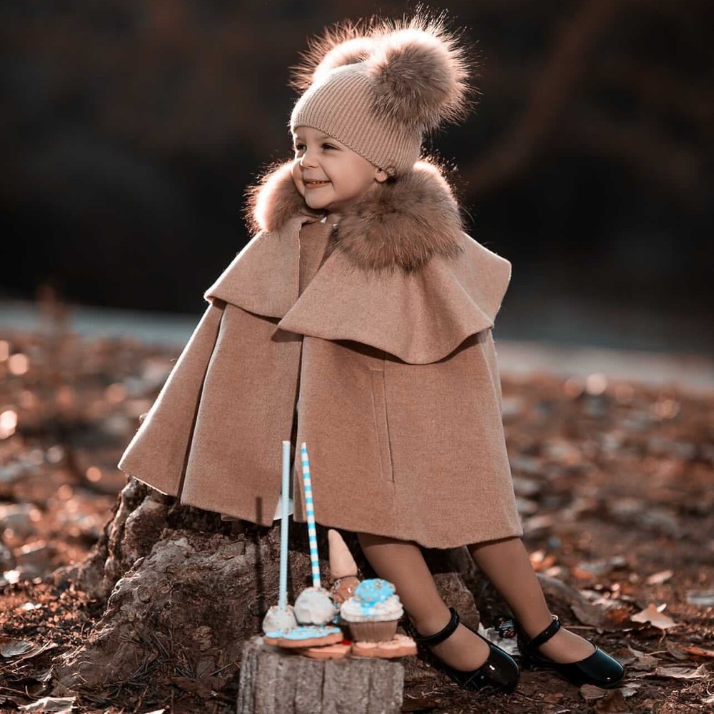 NEW Mi Loves Cappuccino Signature Luxurious Cashmere Cape with Racoon Fur Trim